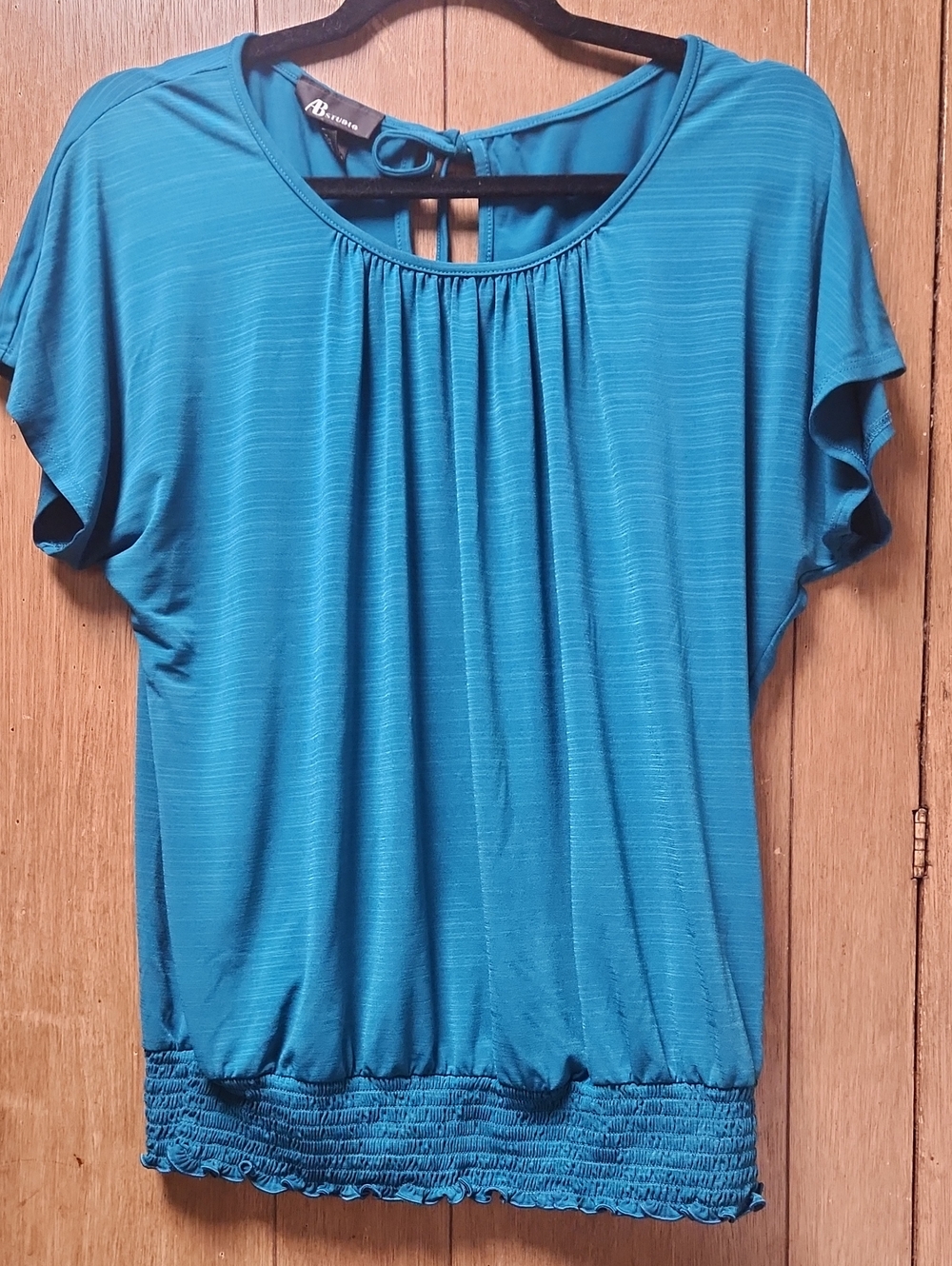 AB Studio Teal Short Sleeve Blouse with Smocked Hem